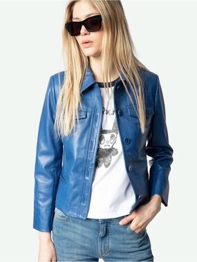 Zadig & Voltaire Women's Blue Leather Jacket color Surf Liam Leather size XS NWT